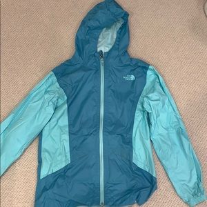 Aqua blue North Face rain coat